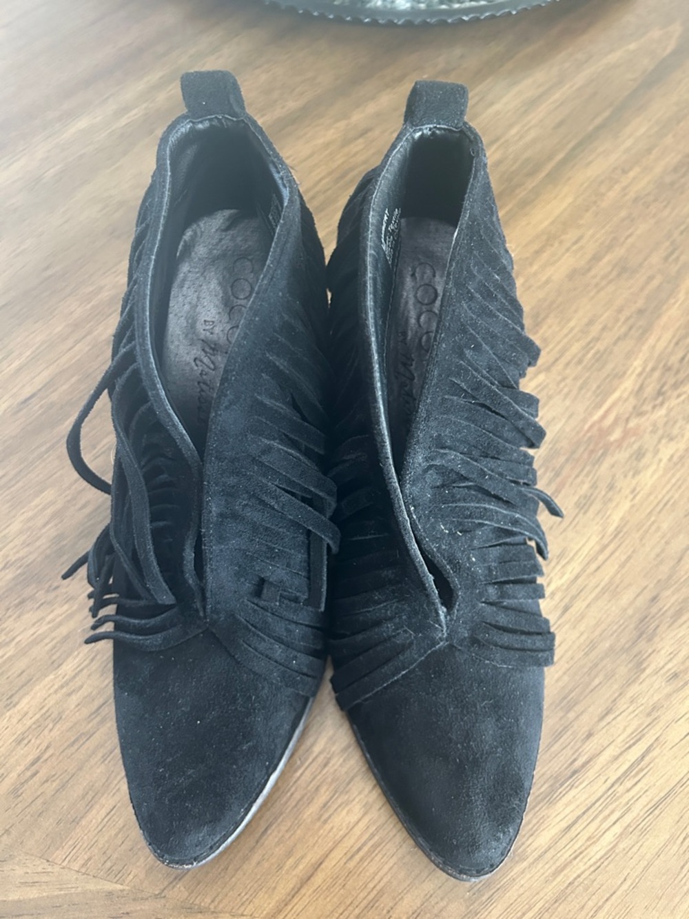 Coconuts by Matisse Black Suede Fringe Pointed Toe Ankle Booties